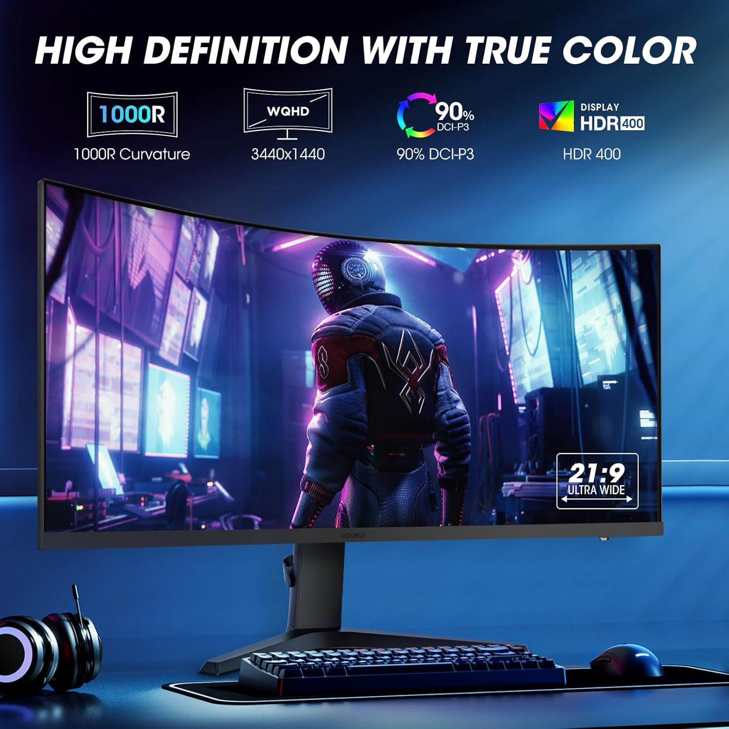 KOORUI 34E6UC 34" Ultrawide WQHD 165Hz Curved Gaming Monitor, HDR400