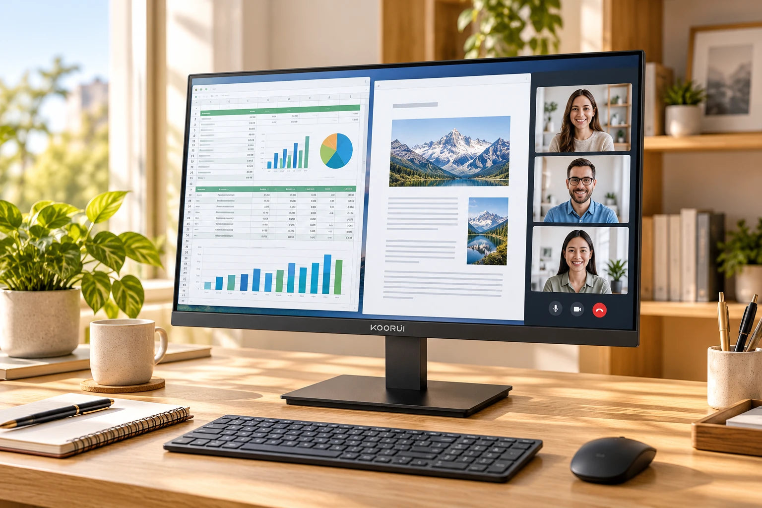 KOORUI monitor showing documents and spreadsheets in a bright office