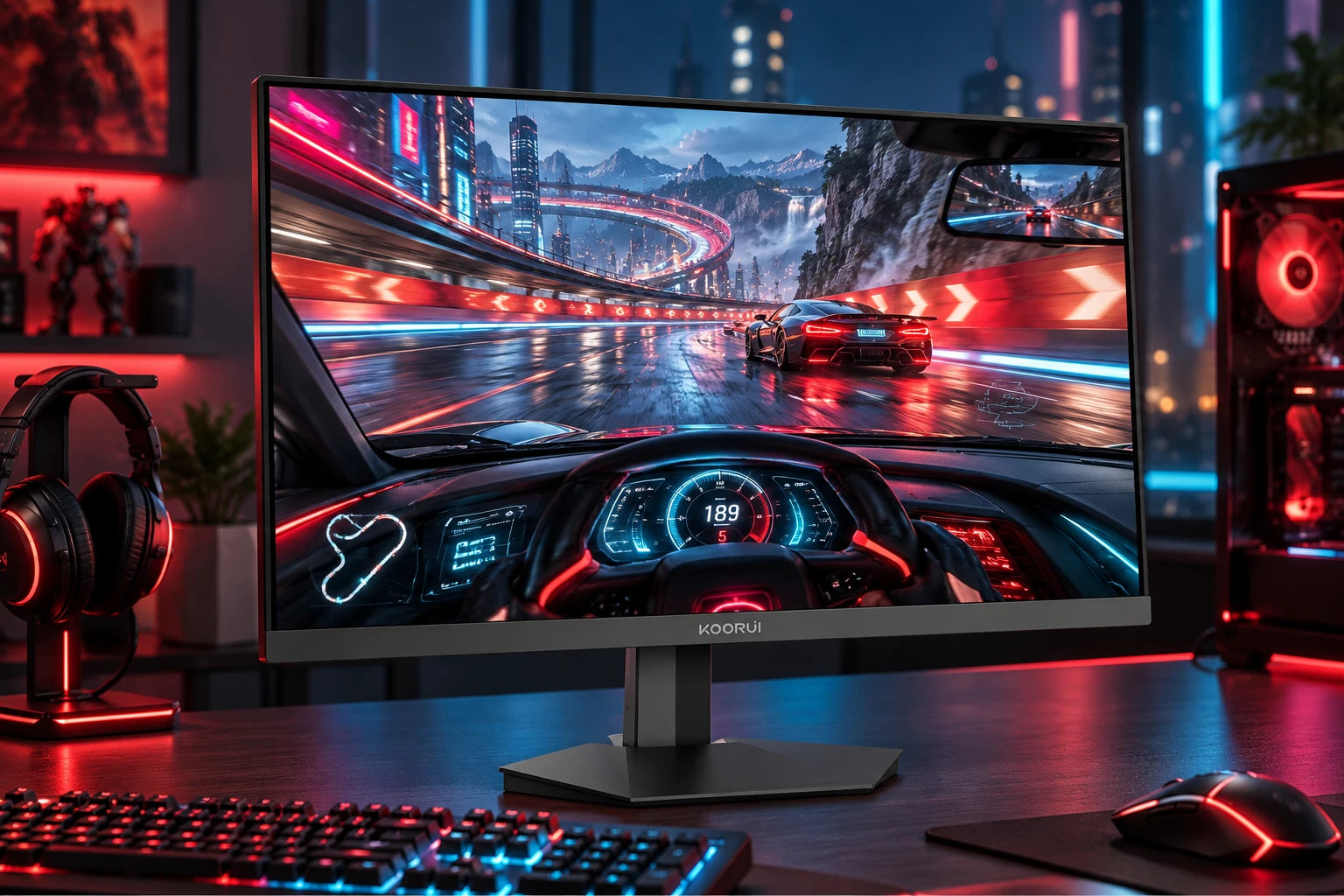 KOORUI gaming monitor in an RGB-lit gaming setup