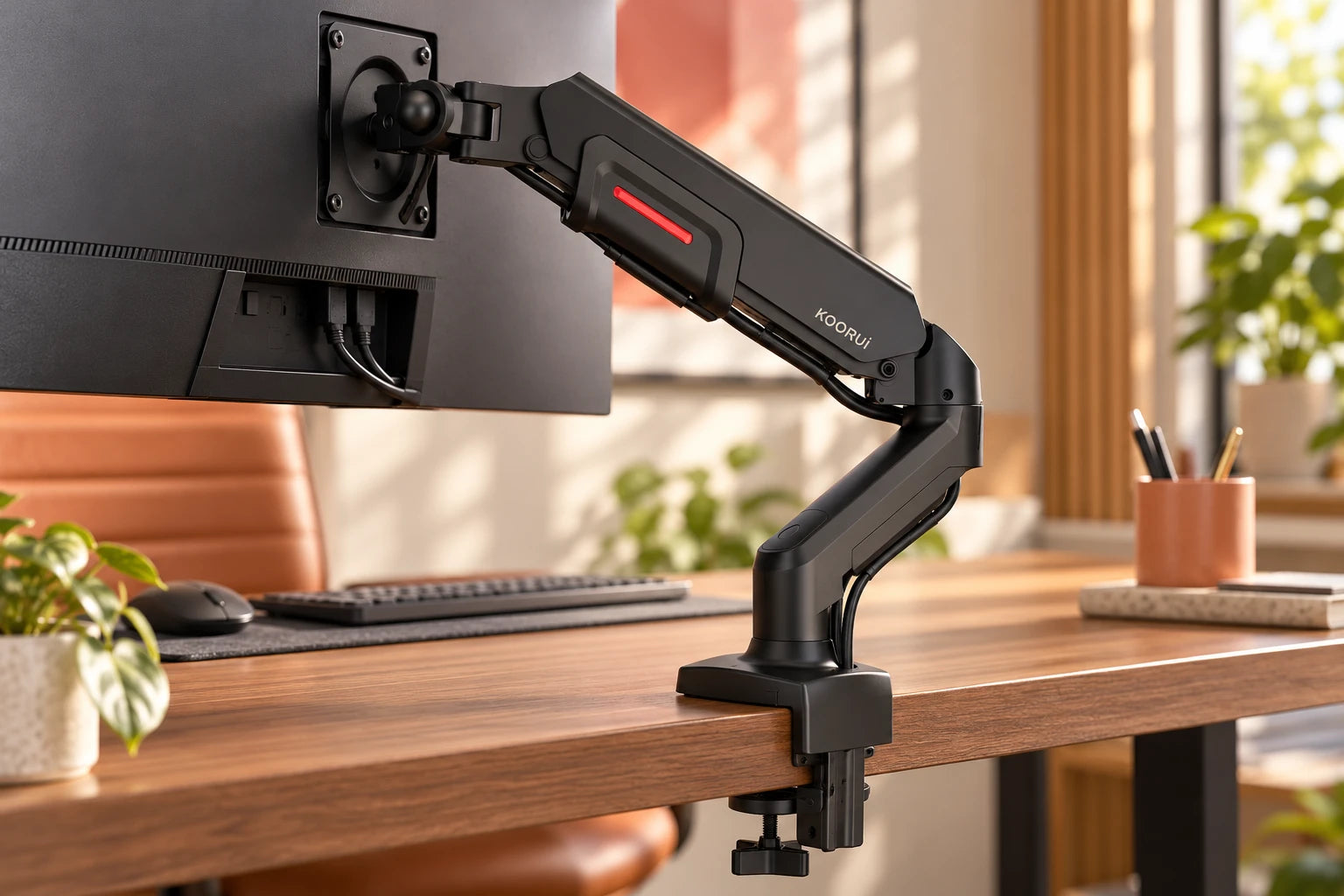 KOORUI articulated monitor arm installed on a desk